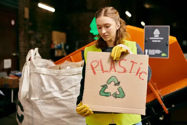 A young volunteer in gloves and safety vest sorts waste, holding a sign that says plastic. — Stock Photo