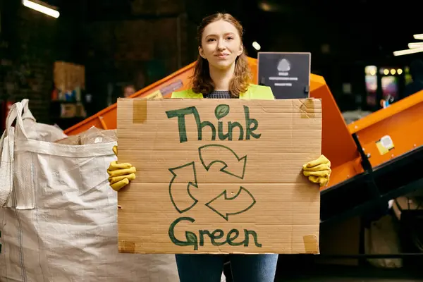 A young volunteer in gloves and safety vest advocating for environmental consciousness by holding a think green sign. — Stock Photo