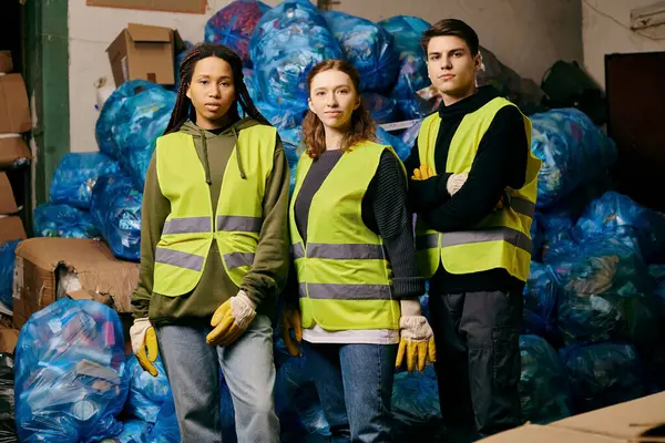 A diverse group of individuals, including a young volunteer in gloves and a safety vest, standing together while sorting waste for eco-conscious purposes. — стокове фото