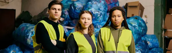 A diverse group of young volunteers in gloves and safety vests stand together, sorting waste with eco-conscious intent. — Stock Photo