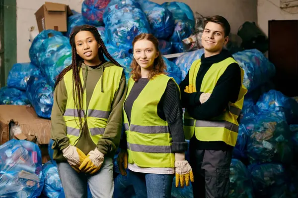 Young volunteers in gloves and safety vests stand next to a large pile of plastic bags, sorting waste for recycling. — стоковое фото