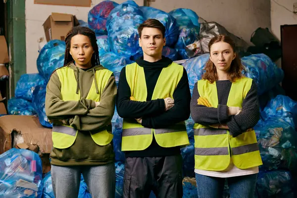 Three eco-conscious volunteers in gloves and safety vests stand before a mound of plastic bags, sorting waste. - foto de stock