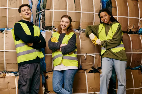 Young volunteers in gloves and safety vests stand next to a pile of boxes, sorting waste for a greener future. - foto de stock
