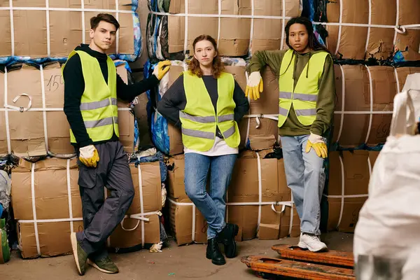 Young volunteers in gloves and safety vests stand next to a pile of boxes, sorting waste for a cleaner future. — Stock Photo