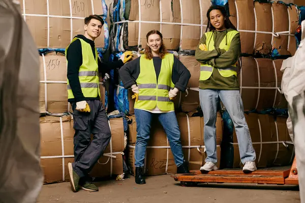 A group of young volunteers in safety gear stands next to a pile of boxes, sorting waste for recycling. - foto de stock