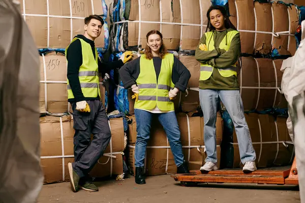 A group of young volunteers in safety gear stands next to a pile of boxes, sorting waste for recycling. — Stock Photo