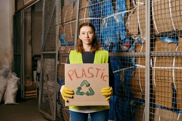 Young volunteer in gloves and safety vest holding a sign that says plastic — Foto stock