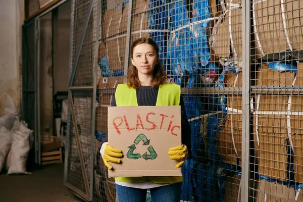 Young volunteer in gloves and safety vest holding a sign that says plastic — стоковое фото