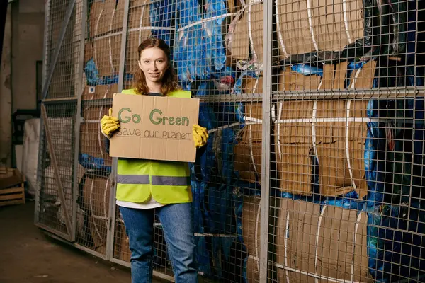 Young woman holds sign urging waste reduction in front of a fence, showing eco-conscious commitment. — стокове фото