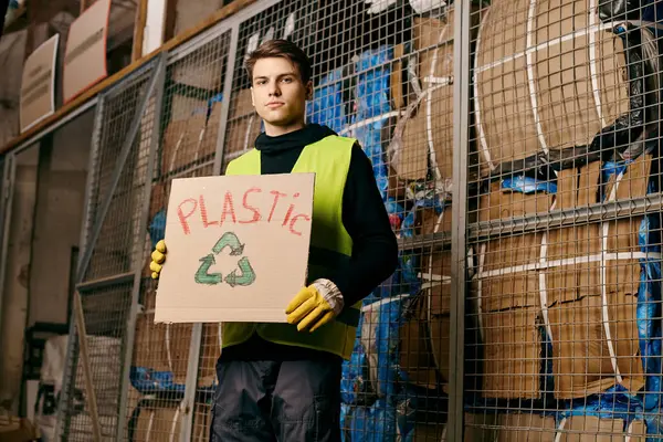 A young volunteer wearing gloves and a safety vest holds a sign that says plastic while sorting waste. - foto de stock
