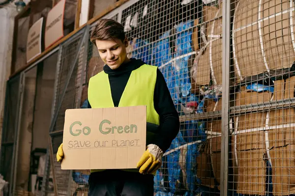 A man passionately holds a sign urging others to go green and save our planet, embodying eco-conscious activism. - foto de stock