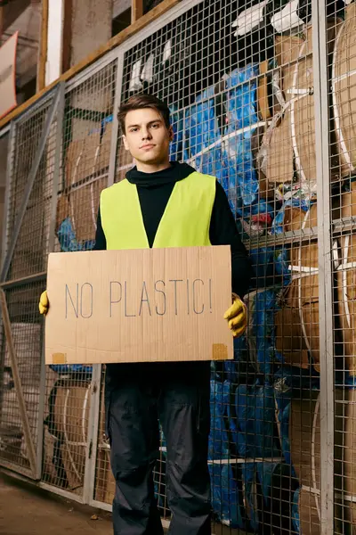 A young volunteer in gloves and safety vest sorts waste, passionately displaying a no plastic sign. — Stock Photo
