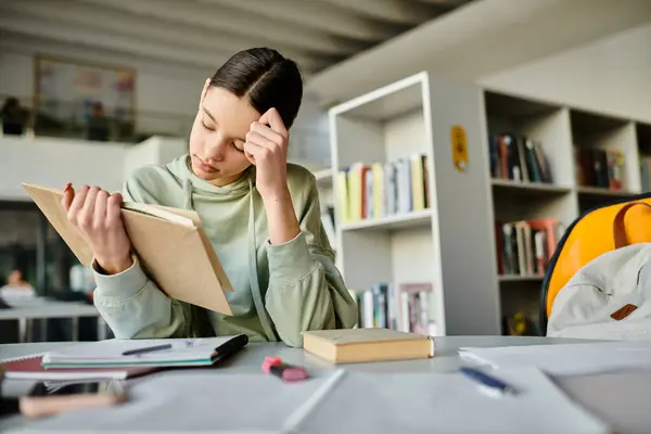 Изысканная женщина копается в увлекательной книге в спокойной атмосфере библиотеки. — стоковое фото