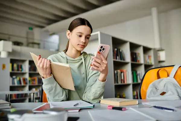 A teenage girl sits at a desk, engrossed in her phone after school, surrounded by books and a laptop. — Stock Photo