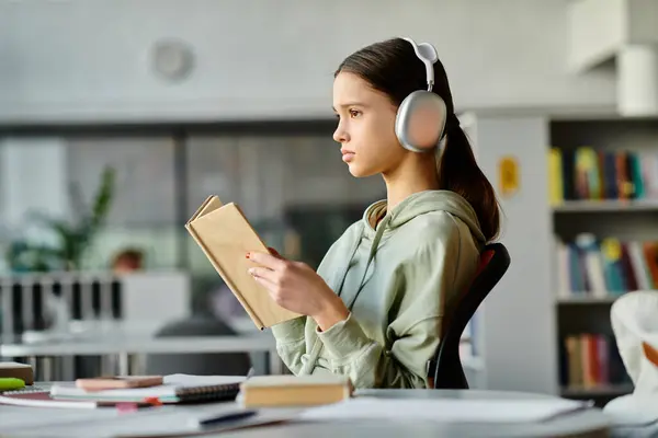 A teenage girl, headphones on, engrossed in a book at a library while incorporating modern education methods. — Stock Photo