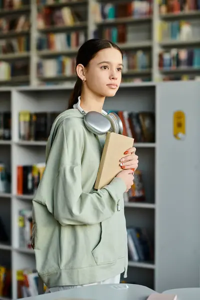Ein Teenager-Mädchen in einem Buch vertieft, in einer friedlichen Bibliothekslandschaft. — Stockfoto