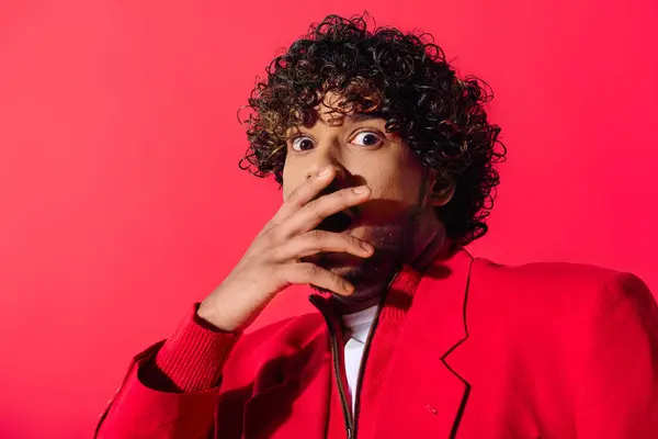 Handsome Indian man in red jacket looking surprised. — Stock Photo