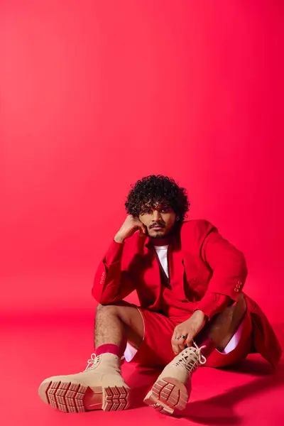 Stylish Indian man in a red suit posing on a vibrant red background. — Stock Photo