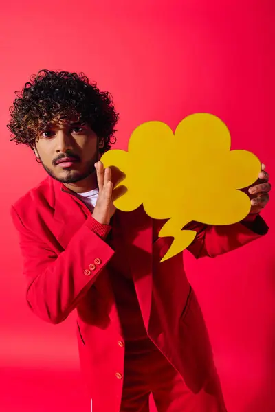 Guapo joven indio en traje rojo sosteniendo una burbuja de habla amarilla. - foto de stock