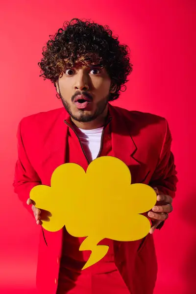 Стильний молодий чоловік в червоному костюмі тримає яскраво-жовту бульбашку мовлення. — стокове фото