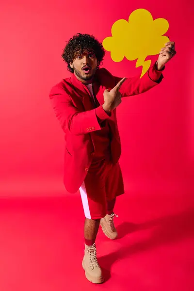 Un joven indio con un traje rojo sosteniendo una burbuja de habla amarilla sobre un vivo telón de fondo. - foto de stock