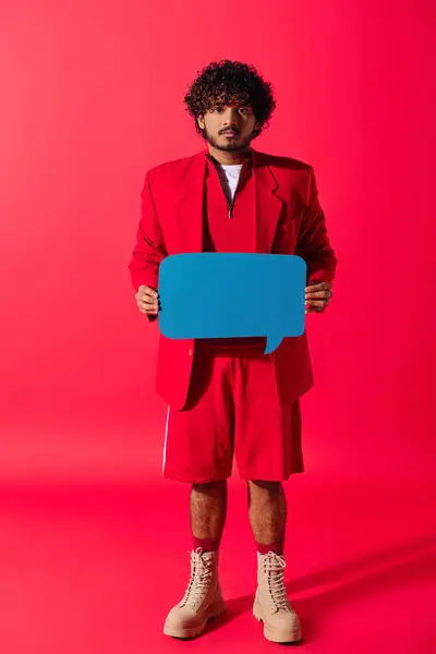 Lebendiger junger Mann im roten Anzug hält blaue Sprechblase. — Stockfoto