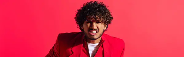 A handsome young Indian man in vibrant outfit making a funny face with his mouth open. — Stock Photo