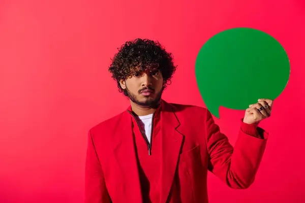 A young Indian man in a red jacket holds a green speech bubble. — Stock Photo