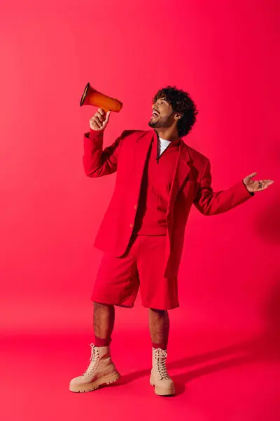 Junger Inder im leuchtend roten Anzug hält ein rotes Megafon vor einer lebhaften Kulisse. — Stockfoto