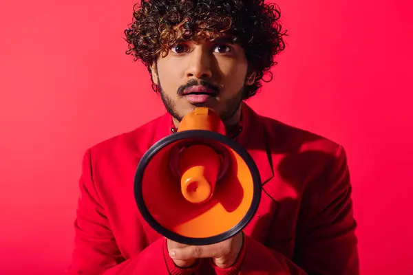 Handsome young Indian man with curly hair holds red and black megaphone. — Stock Photo