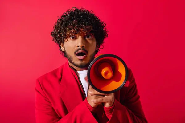 Handsome Indian man in vibrant outfit holds orange megaphone. — Stock Photo