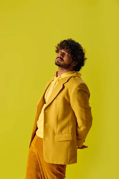 Bello giovane indiano in abito vibrante posa davanti a una parete gialla brillante. — Foto stock