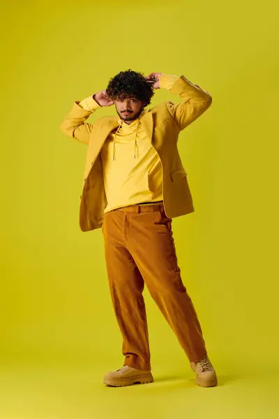 Handsome Indian man in vibrant outfit posing on yellow backdrop. — Stock Photo
