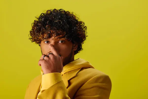 Handsome young Indian man in a yellow jacket, showcasing his curly hair. — Stock Photo