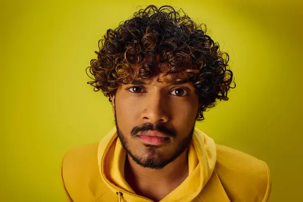 A young Indian man with curly hair strikes a pose in a yellow shirt against a vivid backdrop. — Stock Photo