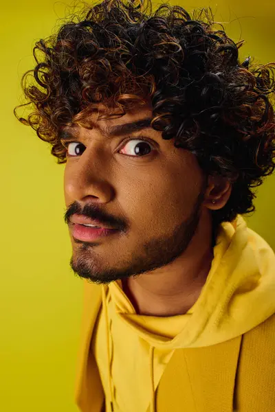 Handsome Indian man with curly hair posing in a vibrant yellow hoodie on a colorful backdrop. — Stock Photo