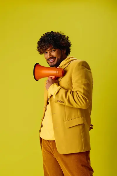 Young man in suit amplifying voice with megaphone. — Stock Photo