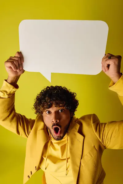 A stylish young Indian man holding a speech bubble against a colorful backdrop. — Stock Photo