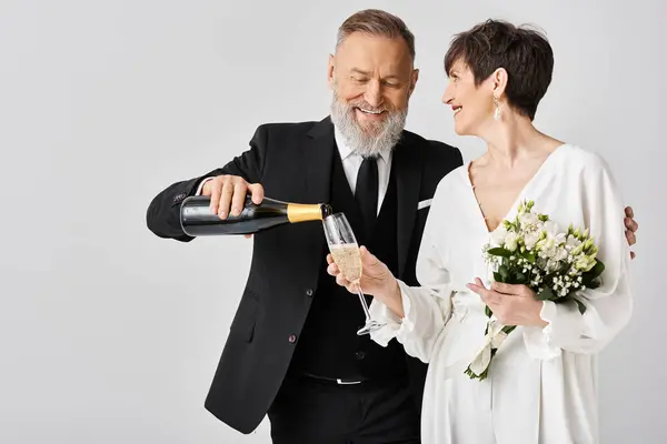 Middle-aged bride and groom in wedding attire happily hold a bottle of champagne, celebrating their special day in a studio setting. — Stock Photo