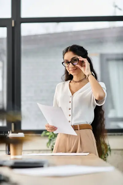 Mujer india con estilo en gafas estudia un documento en una oficina. - foto de stock