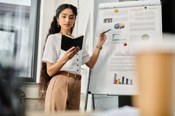 A young indian woman stands before a whiteboard, focused on a book placed on it. — Stock Photo