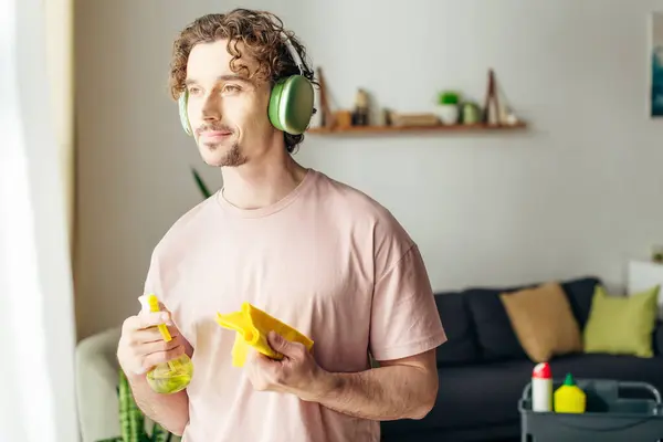 A stylish man in cozy homewear listens to music through headphones while holding a spray. — Stock Photo