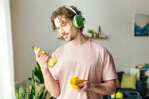 Handsome man in cozy homewear while listening to music through headphones. — Stock Photo