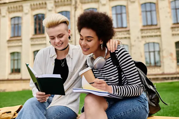 Due giovani donne, sedute su una panchina, assorte in un libro insieme. — Foto stock