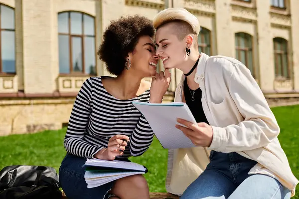 Two women, one Black and one white, sit closely on a bench, engaged in conversation, smiling and gesturing. — Stock Photo