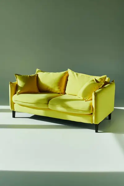 Жовтий диван виділяється на білій підлозі, приносячи тепло і вібрацію в іншому простому оточенні. — стокове фото