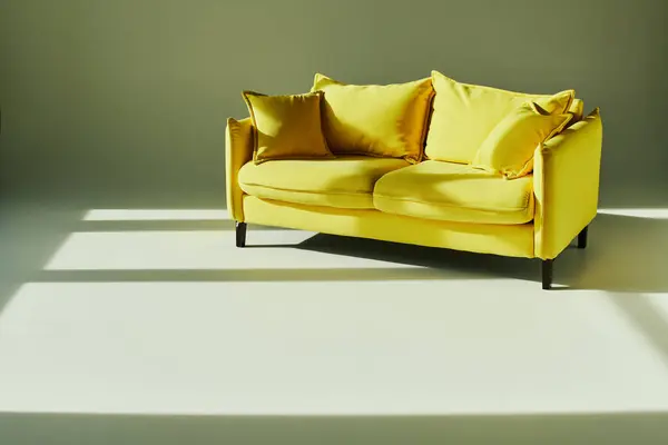 Eine leuchtend gelbe Couch kontrastiert mit einem sauberen weißen Boden und schafft einen hellen und einladenden Raum. — Stockfoto