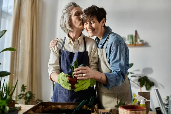 Two women hug while planting a garden in a moment of love and collaboration. — Stock Photo