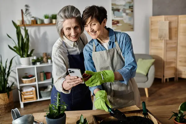 Two women in aprons photographing a lush potted plant together. — Stock Photo
