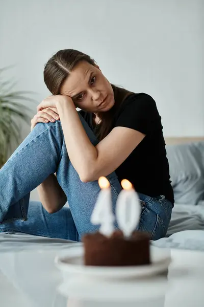 Middle-aged woman sitting on bed with birthday cake. — Stock Photo